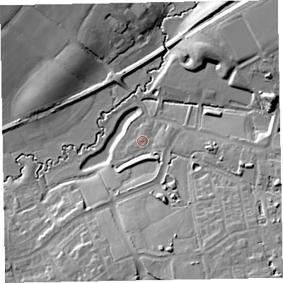 Shaded relief map of the ground around EX57FA, computed from Environment Agency LiDAR. The ground here sits at about 24 m above sea level and falls 20 m across the surrounding 800 m. Surface water reaching this point runs off ground lying to the east-south-east, 2.0 m higher.