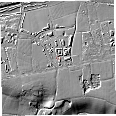 Shaded relief map of the ground around EX57HQ, computed from Environment Agency LiDAR. The ground here sits at about 40 m above sea level and falls 23 m across the surrounding 800 m. Surface water reaching this point runs off ground lying to the east-south-east, 4.5 m higher.