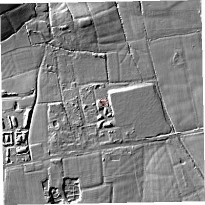 Shaded relief map of the ground around EX57JW, computed from Environment Agency LiDAR. The ground here sits at about 35 m above sea level and falls 19 m across the surrounding 800 m. Surface water reaching this point runs off ground lying to the south-south-west, 11.6 m higher.