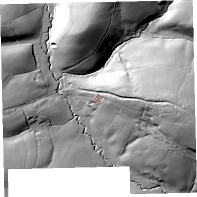 Shaded relief map of the ground around EX66AZ, computed from Environment Agency LiDAR. The ground here sits at about 103 m above sea level and falls 68 m across the surrounding 800 m. Surface water reaching this point runs off ground lying to the east, 45.4 m higher.