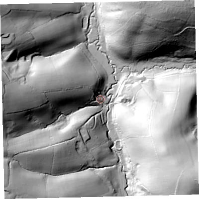 Shaded relief map of the ground around EX66BD, computed from Environment Agency LiDAR. The ground here sits at about 79 m above sea level and falls 77 m across the surrounding 800 m. Surface water reaching this point runs off ground lying to the west-north-west, 38.3 m higher.