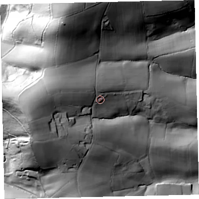 Shaded relief map of the ground around EX66BE, computed from Environment Agency LiDAR. The ground here sits at about 129 m above sea level and falls 83 m across the surrounding 800 m. Surface water reaching this point runs off ground lying to the west-north-west, 15.5 m higher.