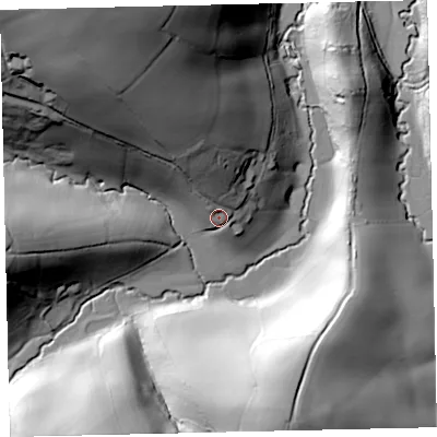 Shaded relief map of the ground around EX66BH, computed from Environment Agency LiDAR. The ground here sits at about 82 m above sea level and falls 75 m across the surrounding 800 m. Surface water reaching this point runs off ground lying to the north-north-west, 19.8 m higher.