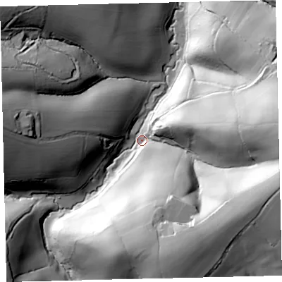 Shaded relief map of the ground around EX66ES, computed from Environment Agency LiDAR. The ground here sits at about 109 m above sea level and falls 74 m across the surrounding 800 m. Surface water reaching this point runs off ground lying to the east, 69.0 m higher.
