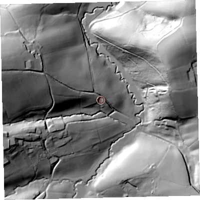 Shaded relief map of the ground around EX66EW, computed from Environment Agency LiDAR. The ground here sits at about 101 m above sea level and falls 69 m across the surrounding 800 m. Surface water reaching this point runs off ground lying to the west-north-west, 48.7 m higher.