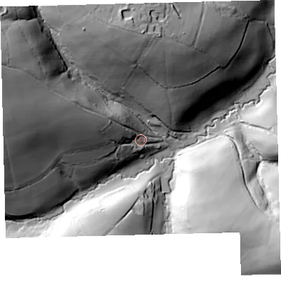 Shaded relief map of the ground around EX66HP, computed from Environment Agency LiDAR. The ground here sits at about 158 m above sea level and falls 75 m across the surrounding 800 m. Surface water reaching this point runs off ground lying to the west-north-west, 45.7 m higher.