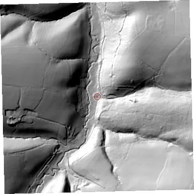 Shaded relief map of the ground around EX66LB, computed from Environment Agency LiDAR. The ground here sits at about 132 m above sea level and falls 81 m across the surrounding 800 m. Surface water reaching this point runs off ground lying to the east-north-east, 73.1 m higher.