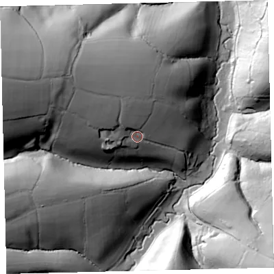 Shaded relief map of the ground around EX66LD, computed from Environment Agency LiDAR. The ground here sits at about 159 m above sea level and falls 69 m across the surrounding 800 m. Surface water reaching this point runs off ground lying to the west-north-west, 31.3 m higher.