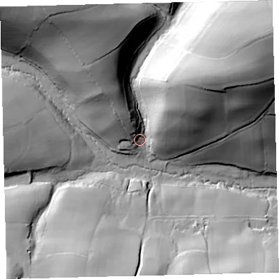 Shaded relief map of the ground around EX66NL, computed from Environment Agency LiDAR. The ground here sits at about 140 m above sea level and falls 77 m across the surrounding 800 m. Surface water reaching this point runs off ground lying to the north-east, 69.9 m higher.