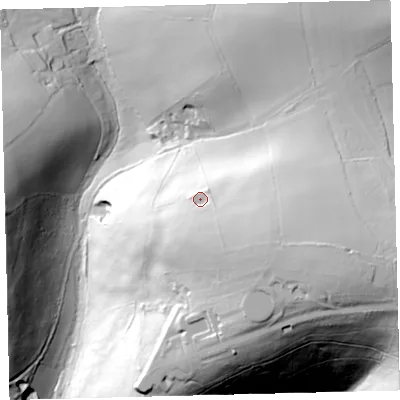Shaded relief map of the ground around EX66PB, computed from Environment Agency LiDAR. The ground here sits at about 244 m above sea level and falls 82 m across the surrounding 800 m. Surface water reaching this point runs off ground lying to the south-south-east, 13.6 m higher.
