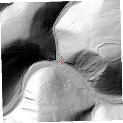 Shaded relief map of the ground around EX66PW, computed from Environment Agency LiDAR. The ground here sits at about 108 m above sea level and falls 145 m across the surrounding 800 m. Surface water reaching this point runs off ground lying to the west-north-west, 134.0 m higher.