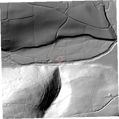 Shaded relief map of the ground around EX66QA, computed from Environment Agency LiDAR. The ground here sits at about 88 m above sea level and falls 150 m across the surrounding 800 m. Surface water reaching this point runs off ground lying to the south-west, 147.5 m higher.