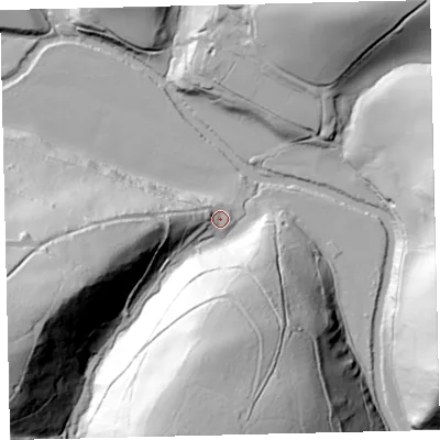 Shaded relief map of the ground around EX66QE, computed from Environment Agency LiDAR. The ground here sits at about 89 m above sea level and falls 96 m across the surrounding 800 m. Surface water reaching this point runs off ground lying to the west-south-west, 41.8 m higher.