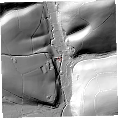 Shaded relief map of the ground around EX67AB, computed from Environment Agency LiDAR. The ground here sits at about 64 m above sea level and falls 93 m across the surrounding 800 m. Surface water reaching this point runs off ground lying to the south-east, 89.5 m higher.