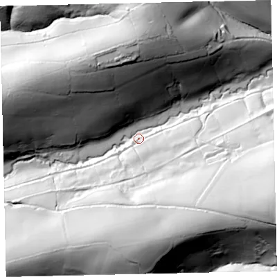 Shaded relief map of the ground around EX67BG, computed from Environment Agency LiDAR. The ground here sits at about 80 m above sea level and falls 89 m across the surrounding 800 m. Surface water reaching this point runs off ground lying to the east-south-east, 84.2 m higher.