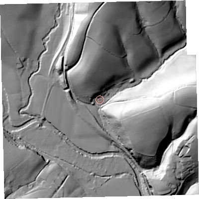 Shaded relief map of the ground around EX67BR, computed from Environment Agency LiDAR. The ground here sits at about 52 m above sea level and falls 64 m across the surrounding 800 m. Surface water reaching this point runs off ground lying to the east, 60.2 m higher.