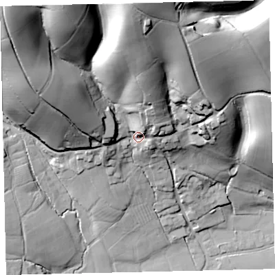 Shaded relief map of the ground around EX67DB, computed from Environment Agency LiDAR. The ground here sits at about 82 m above sea level and falls 73 m across the surrounding 800 m. Surface water reaching this point runs off ground lying to the north, 52.5 m higher.