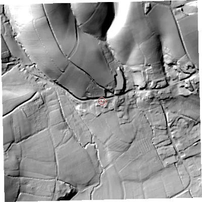 Shaded relief map of the ground around EX67DD, computed from Environment Agency LiDAR. The ground here sits at about 81 m above sea level and falls 68 m across the surrounding 800 m. Surface water reaching this point runs off ground lying to the north-north-west, 47.4 m higher.
