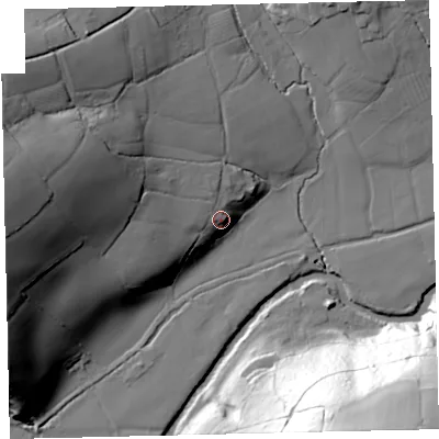 Shaded relief map of the ground around EX67ED, computed from Environment Agency LiDAR. The ground here sits at about 75 m above sea level and falls 79 m across the surrounding 800 m. Surface water reaching this point runs off ground lying to the west-north-west, 23.5 m higher.