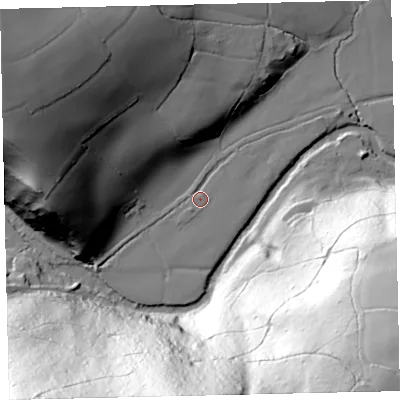 Shaded relief map of the ground around EX67EE, computed from Environment Agency LiDAR. The ground here sits at about 67 m above sea level and falls 129 m across the surrounding 800 m. Surface water reaching this point runs off ground lying to the west-south-west, 1.6 m higher.