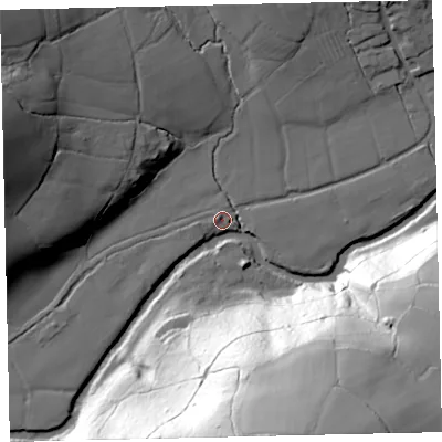 Shaded relief map of the ground around EX67EF, computed from Environment Agency LiDAR. The ground here sits at about 64 m above sea level and falls 92 m across the surrounding 800 m. Surface water reaching this point runs off ground lying to the west-south-west, 3.5 m higher.