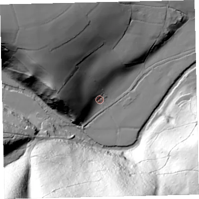 Shaded relief map of the ground around EX67EG, computed from Environment Agency LiDAR. The ground here sits at about 70 m above sea level and falls 141 m across the surrounding 800 m. Surface water reaching this point runs off ground lying to the west-north-west, 50.8 m higher.