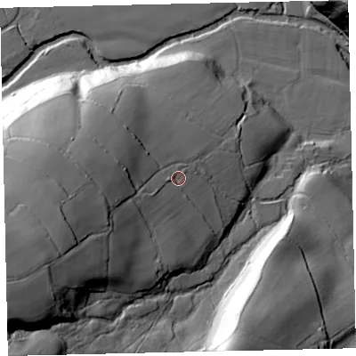 Shaded relief map of the ground around EX67ER, computed from Environment Agency LiDAR. The ground here sits at about 88 m above sea level and falls 88 m across the surrounding 800 m. Surface water reaching this point runs off ground lying to the west-south-west, 17.7 m higher.