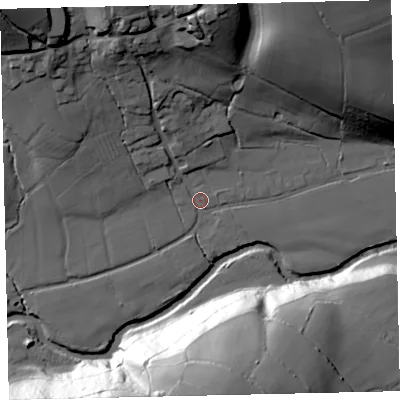Shaded relief map of the ground around EX67EZ, computed from Environment Agency LiDAR. The ground here sits at about 62 m above sea level and falls 62 m across the surrounding 800 m. Surface water reaching this point runs off ground lying to the north-north-west, 28.0 m higher.