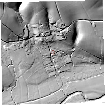 Shaded relief map of the ground around EX67HA, computed from Environment Agency LiDAR. The ground here sits at about 74 m above sea level and falls 61 m across the surrounding 800 m. Surface water reaching this point runs off ground lying to the north, 45.1 m higher.