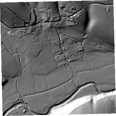 Shaded relief map of the ground around EX67HB, computed from Environment Agency LiDAR. The ground here sits at about 67 m above sea level and falls 53 m across the surrounding 800 m. Surface water reaching this point runs off ground lying to the north-west, 42.5 m higher.
