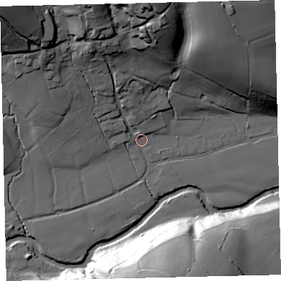 Shaded relief map of the ground around EX67HD, computed from Environment Agency LiDAR. The ground here sits at about 63 m above sea level and falls 56 m across the surrounding 800 m. Surface water reaching this point runs off ground lying to the north-north-west, 27.6 m higher.