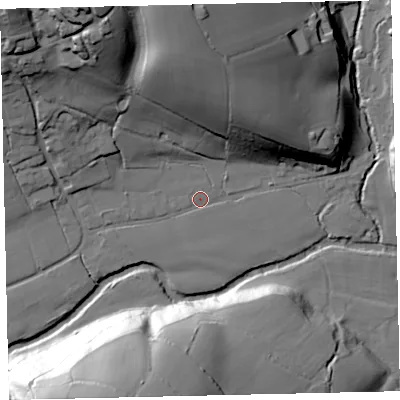 Shaded relief map of the ground around EX67HE, computed from Environment Agency LiDAR. The ground here sits at about 61 m above sea level and falls 57 m across the surrounding 800 m. Surface water reaching this point runs off ground lying to the north-north-west, 41.3 m higher.