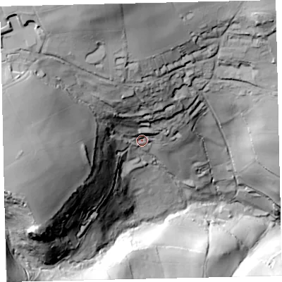 Shaded relief map of the ground around EX67HT, computed from Environment Agency LiDAR. The ground here sits at about 203 m above sea level and falls 106 m across the surrounding 800 m. Surface water reaching this point runs off ground lying to the north-north-west, 66.0 m higher.