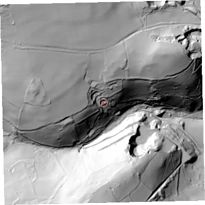 Shaded relief map of the ground around EX67JA, computed from Environment Agency LiDAR. The ground here sits at about 170 m above sea level and falls 150 m across the surrounding 800 m. Surface water reaching this point runs off ground lying to the north-west, 68.6 m higher.