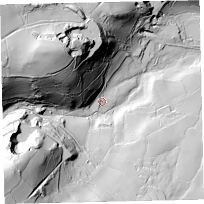 Shaded relief map of the ground around EX67JD, computed from Environment Agency LiDAR. The ground here sits at about 100 m above sea level and falls 166 m across the surrounding 800 m. Surface water reaching this point runs off ground lying to the north-west, 106.4 m higher.