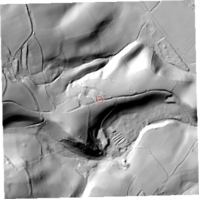 Shaded relief map of the ground around EX67JE, computed from Environment Agency LiDAR. The ground here sits at about 126 m above sea level and falls 154 m across the surrounding 800 m. Surface water reaching this point runs off ground lying to the south-west, 19.9 m higher.