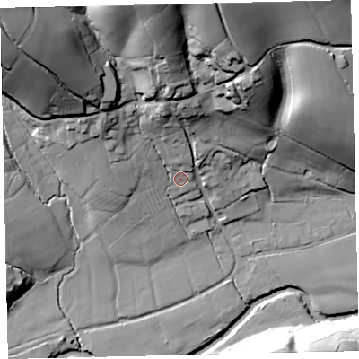 Shaded relief map of the ground around EX67JH, computed from Environment Agency LiDAR. The ground here sits at about 70 m above sea level and falls 59 m across the surrounding 800 m. Surface water reaching this point runs off ground lying to the north-west, 45.7 m higher.
