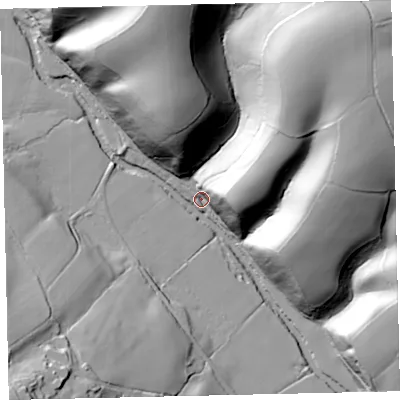 Shaded relief map of the ground around EX67JN, computed from Environment Agency LiDAR. The ground here sits at about 55 m above sea level and falls 80 m across the surrounding 800 m. Surface water reaching this point runs off ground lying to the north-east, 78.0 m higher.