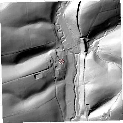 Shaded relief map of the ground around EX67JS, computed from Environment Agency LiDAR. The ground here sits at about 72 m above sea level and falls 75 m across the surrounding 800 m. Surface water reaching this point runs off ground lying to the west-south-west, 21.5 m higher.