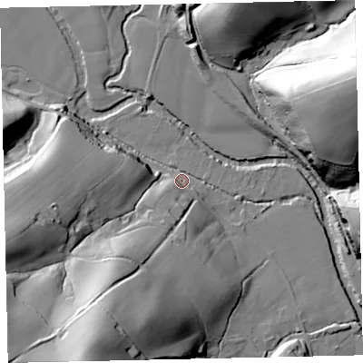 Shaded relief map of the ground around EX67LA, computed from Environment Agency LiDAR. The ground here sits at about 51 m above sea level and falls 63 m across the surrounding 800 m. Surface water reaching this point runs off ground lying to the south-south-west, 58.7 m higher.