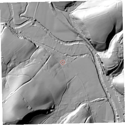 Shaded relief map of the ground around EX67LB, computed from Environment Agency LiDAR. The ground here sits at about 49 m above sea level and falls 66 m across the surrounding 800 m. Surface water reaching this point runs off ground lying to the south-west, 57.8 m higher.