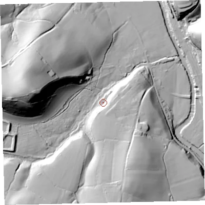 Shaded relief map of the ground around EX67LD, computed from Environment Agency LiDAR. The ground here sits at about 58 m above sea level and falls 67 m across the surrounding 800 m. Surface water reaching this point runs off ground lying to the south, 14.3 m higher.