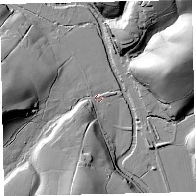 Shaded relief map of the ground around EX67LE, computed from Environment Agency LiDAR. The ground here sits at about 50 m above sea level and falls 50 m across the surrounding 800 m. Surface water reaching this point runs off ground lying to the west, 45.1 m higher.