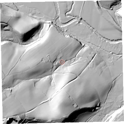 Shaded relief map of the ground around EX67LF, computed from Environment Agency LiDAR. The ground here sits at about 66 m above sea level and falls 80 m across the surrounding 800 m. Surface water reaching this point runs off ground lying to the south-west, 61.4 m higher.