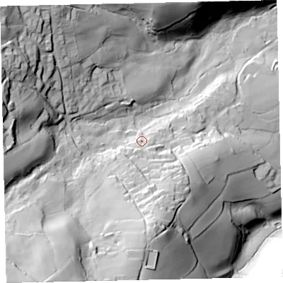 Shaded relief map of the ground around EX67LX, computed from Environment Agency LiDAR. The ground here sits at about 89 m above sea level and falls 108 m across the surrounding 800 m. Surface water reaching this point runs off ground lying to the south-south-west, 22.3 m higher.