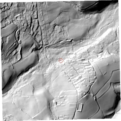 Shaded relief map of the ground around EX67NF, computed from Environment Agency LiDAR. The ground here sits at about 91 m above sea level and falls 114 m across the surrounding 800 m. Surface water reaching this point runs off ground lying to the south-west, 77.1 m higher.