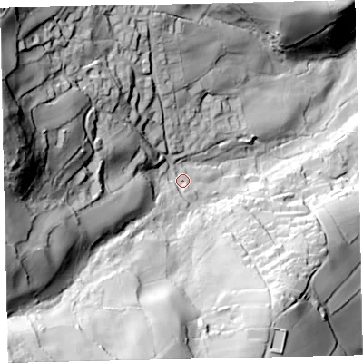 Shaded relief map of the ground around EX67NG, computed from Environment Agency LiDAR. The ground here sits at about 95 m above sea level and falls 125 m across the surrounding 800 m. Surface water reaching this point runs off ground lying to the south-west, 82.5 m higher.