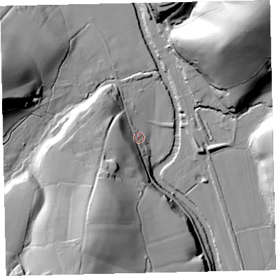 Shaded relief map of the ground around EX67PN, computed from Environment Agency LiDAR. The ground here sits at about 50 m above sea level and falls 53 m across the surrounding 800 m. Surface water reaching this point runs off ground lying to the south-south-west, 34.5 m higher.