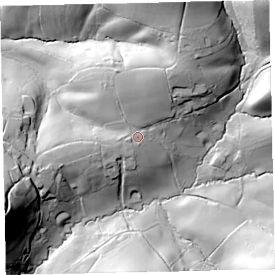 Shaded relief map of the ground around EX67PT, computed from Environment Agency LiDAR. The ground here sits at about 104 m above sea level and falls 62 m across the surrounding 800 m. Surface water reaching this point runs off ground lying to the north-north-east, 12.8 m higher.