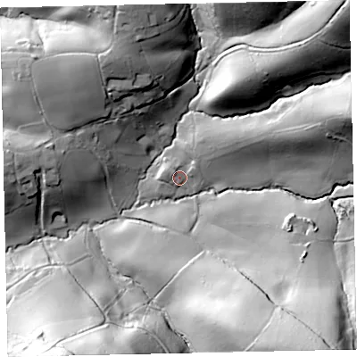Shaded relief map of the ground around EX67PU, computed from Environment Agency LiDAR. The ground here sits at about 97 m above sea level and falls 67 m across the surrounding 800 m. Surface water reaching this point runs off ground lying to the north-east, 7.6 m higher.